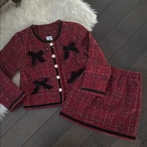 Mia Belle Red Tweed Skirt Suit w/ Black Bow Accent